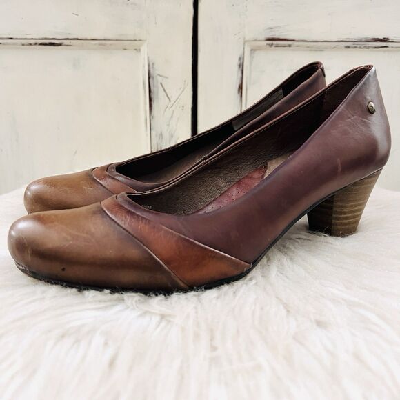 Pikolinos Shoes - Pikolinos Brown Oiled Leather Tri Tone Wooden Block Heel Pumps - EU37 US6